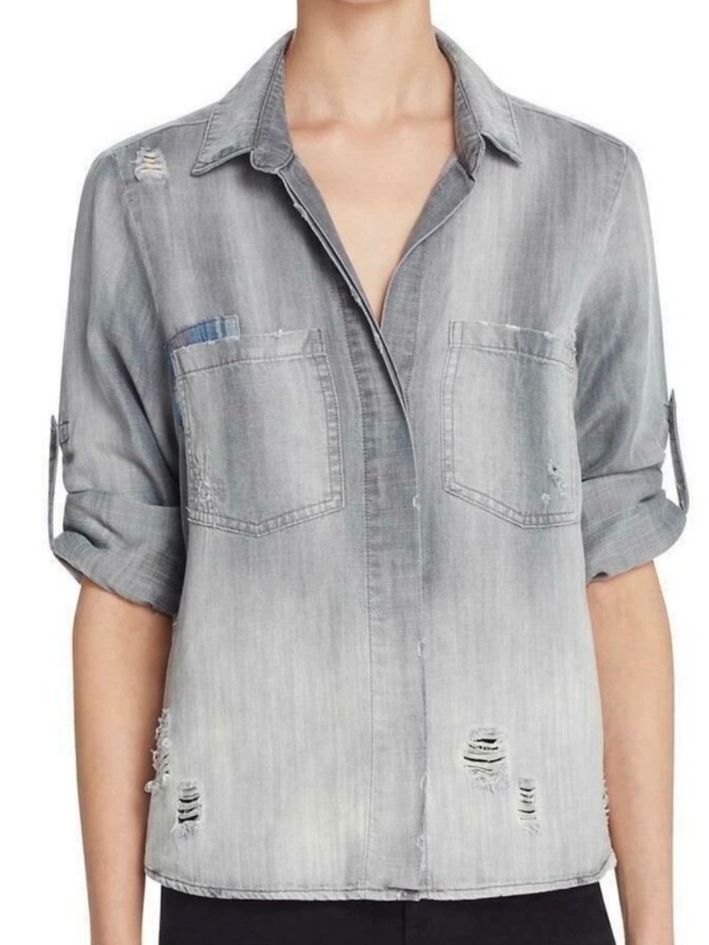 BELLA DAHL Gray Two Pocket Distressed Long Sleeve Button Split Back Shirt Size S
